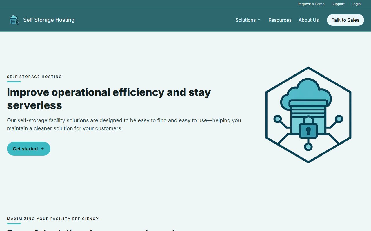 Self Storage Hosting's home page: a teal header over the headline “Improve operational efficiency and stay serverless”, a Get started button, and a cloud-and-padlock illustration.