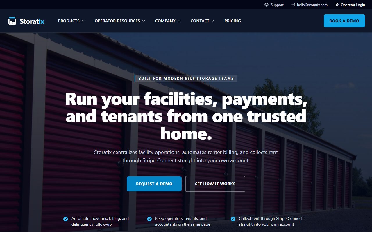 Storatix's home page: a photograph of a storage facility behind the headline “Run your facilities, payments, and tenants from one trusted home”, with Request a demo and See how it works.